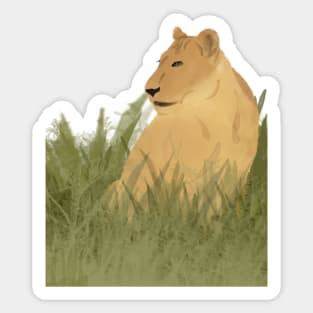 Watercolor Lioness Sitting in Tall Grass Sticker